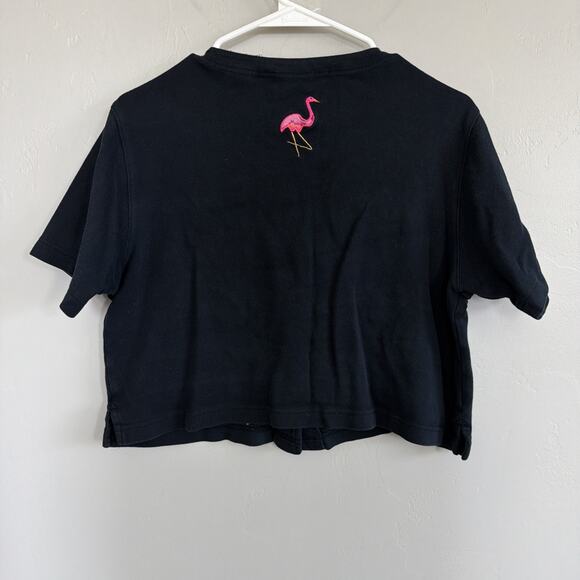 VTG Bechamel Petites Short Sleeve Black Cardigan Pink Embroidered Flamingos PM - Picture 3 of 6